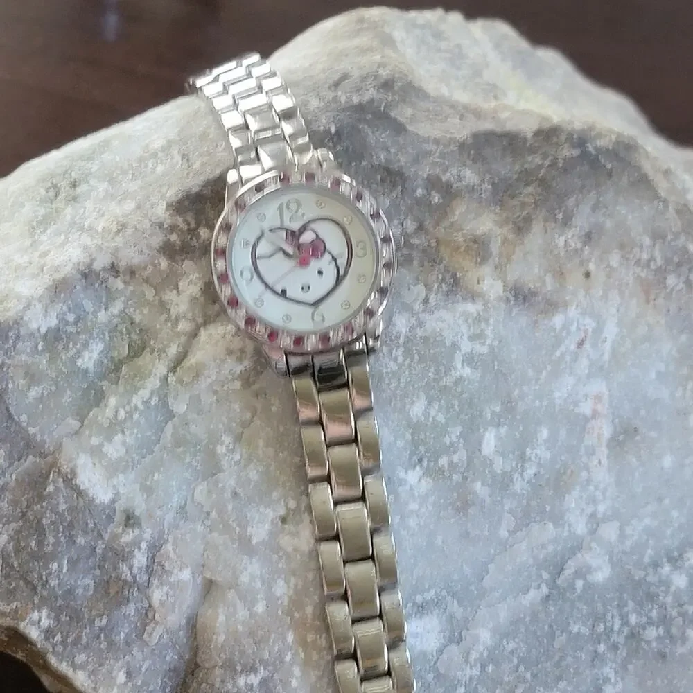 Hello Kitty Silver Watch Pink Heart Rhinestone Dial Women Bracelet Style Cute - Picture 2 of 10